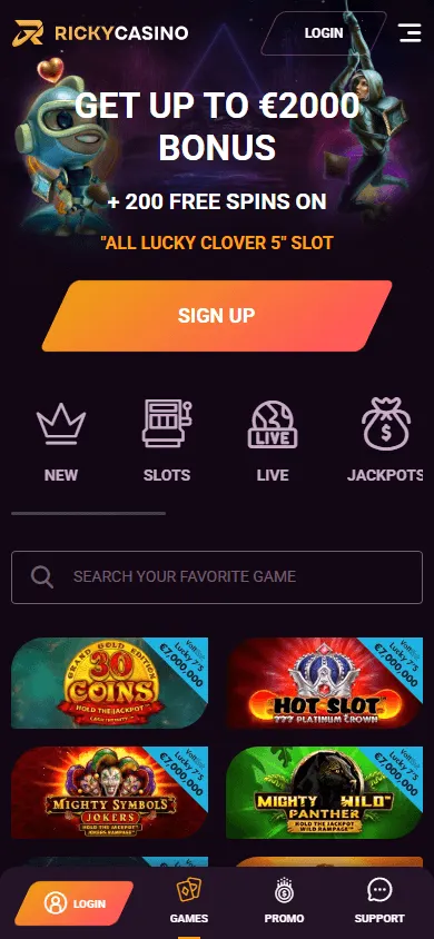 Ricky Casino mobile casino home with games and live casino access