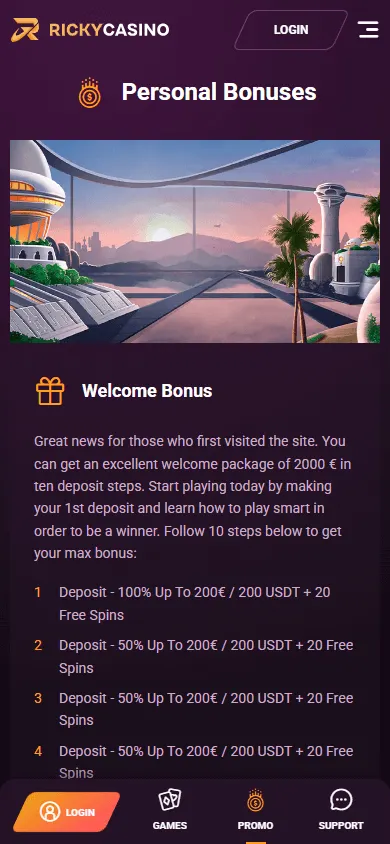 Ricky Casino mobile promotions area with deposit bonuses and Free Spins