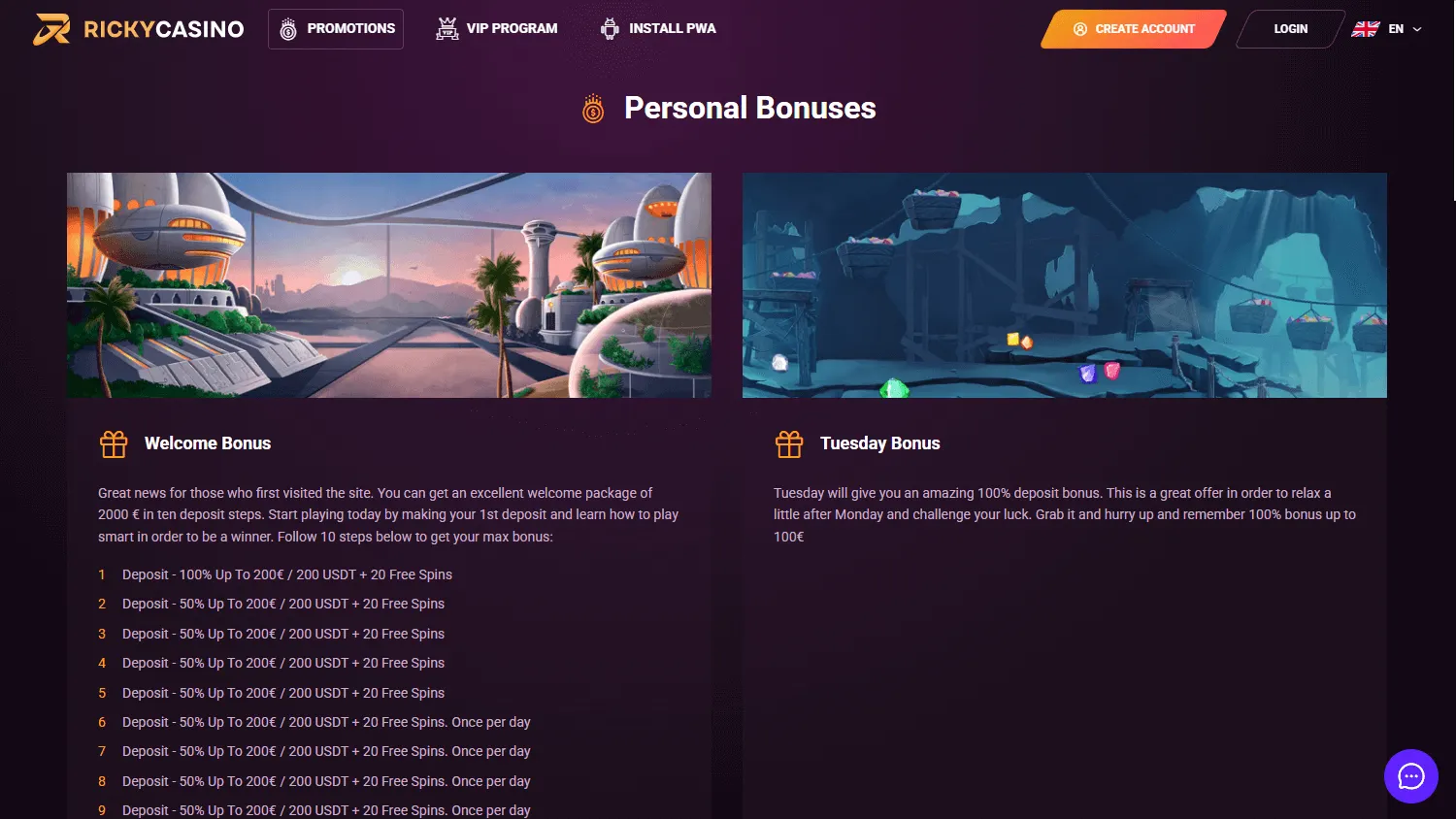Ricky Casino desktop promotions area with welcome and recurring offers