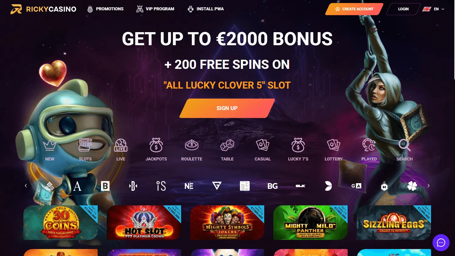 Ricky Casino desktop casino home with games and account options